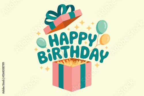 Celebratory graphic with open gift, balloons perfect for birthday cards, invitations, or social media posts. Festive and cheerful design.