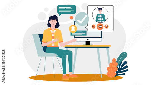 Woman video conferencing with a man. Communication, virtual meeting, remote work, online collaboration, video call, technology, business discussion, video chat concept.