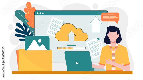 The illustration depicts a woman uploading files to a cloud with a laptop. Suitable for technology concepts in presentations or designs.