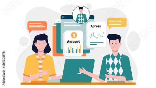 Title Colleagues Review Financial Data on Laptop Suitable for presentations, business blogs, websites, financial reports, and educational materials related to data analysis and financial reviews.