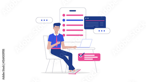 Man working on laptop, ticking tasks off checklist, ideal for business, productivity, technology, remote work concepts in design projects.