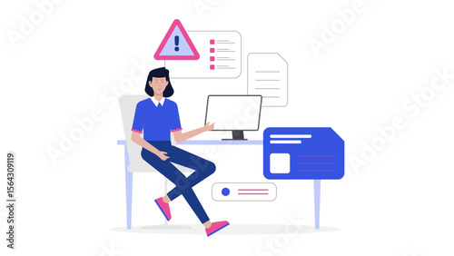 Woman focused at a desk on online documents, with an alert. Suitable for business, office, technology, working remotely, and multitasking concepts.