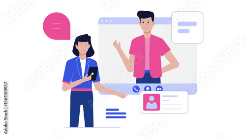Woman communicating with a man through a video call. Perfect for promoting digital communication, virtual meetings, remote work concepts.