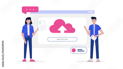 Two people uploading a file to the cloud. Suitable for technology, remote work, data storage concepts. Collaboration, online sharing, modern workflow.