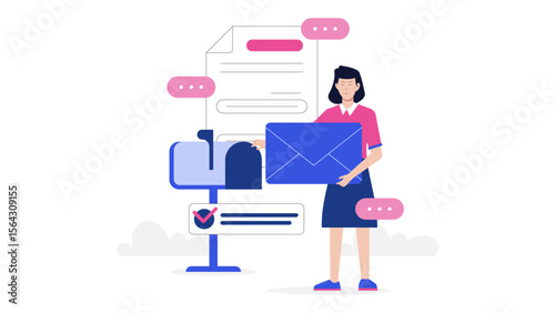Woman posting a blue email into a mailbox near a document. Suitable for business, communication, mail delivery, and technology concepts.