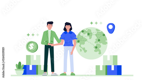 Global business partners shaking hands near boxes. Suitable for business, partnership, international trade, logistics, teamwork, and global collaboration concepts in marketing materials.