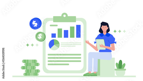 Woman displays financial data, charting profits and growth, perfect for business presentations, financial reports, and marketing materials.