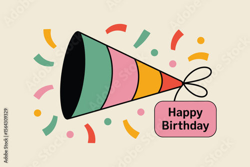 Party hat, confetti, happy birthday tag perfect for birthday invitations, cards, social media posts, and party decorations. Festive and celebratory.