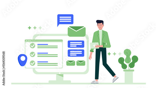 Man efficiently dealing with online tasks and emails. Suitable for tech, productivity, business, or remote work concepts in design projects.