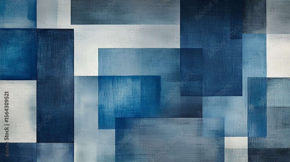 Fototapeta premium Geometric Abstraction: A stunning abstract composition of overlapping squares and rectangles in varying shades of blue and white, conveying a sense of depth, pattern, and modern design.