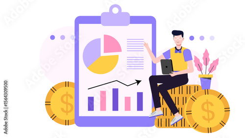 Man analyzing financial charts and coins, suitable for finance blogs, presentations, or investment related articles needing visuals on money management and analysis.