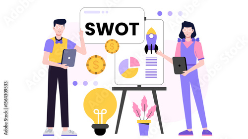 SWOT analysis presentation featuring two individuals. Perfect for business strategy, planning meetings, teamwork, or educational presentations on analysis.