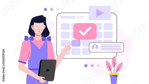 Woman using a digital calendar to plan tasks efficiently. Suitable for productivity concepts, time management, organization, and scheduling tools.