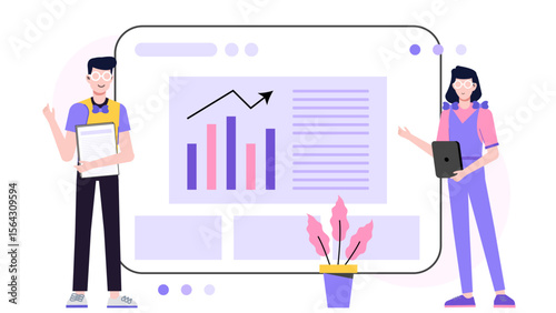 Two individuals project a business graph on a screen, ideal for presentations, reports, or articles on successful business strategies.