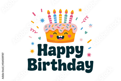 Happy birthday cake with lit candles and confetti; perfect for celebratory designs, birthday greetings, party invitations, and festive occasions.