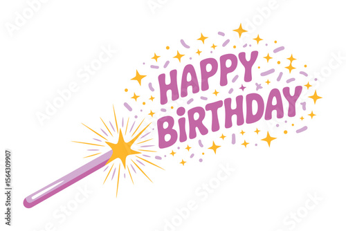 Pink magic wand with sparkles for happy birthday celebrations. Suitable for birthday cards, invitations, and party decorations. Perfect for childrens events.