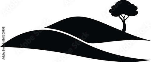 Desert sand dunes tree silhouette. desert scene with sand dunes, tree, and shrubs in black and white