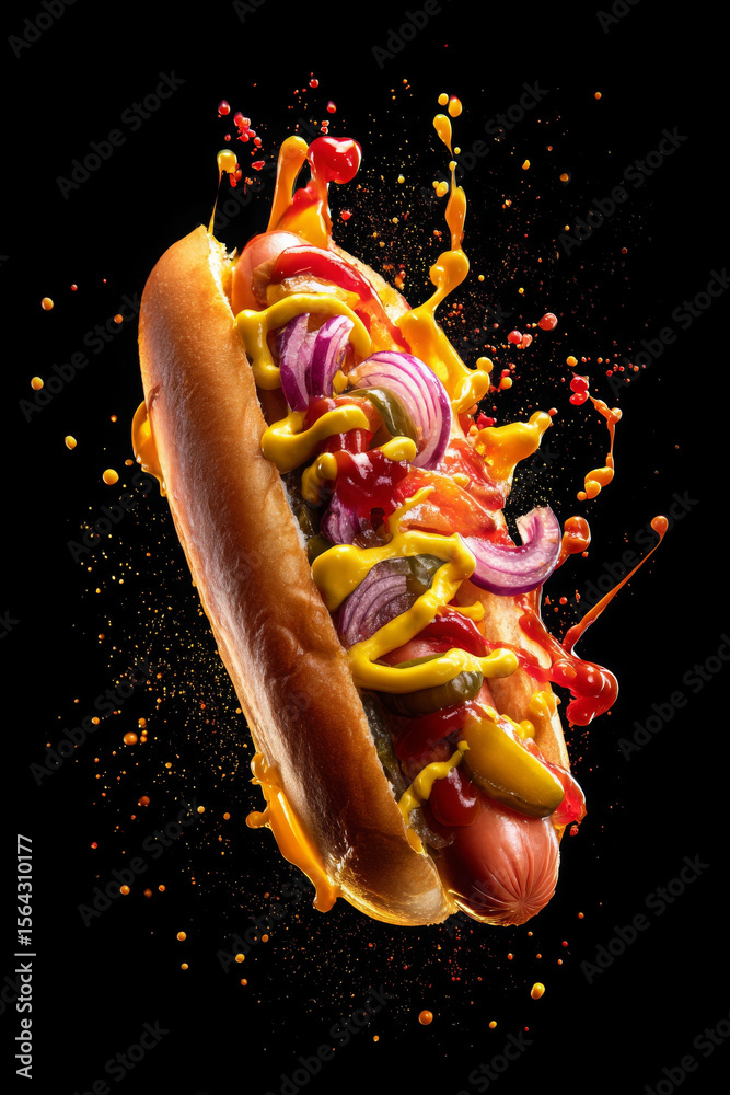 Fototapeta premium Delicious hot dog with mustard, ketchup, and onions splashing in vibrant colors