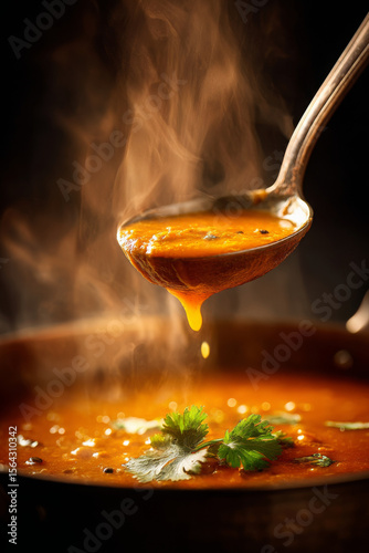 Ladle scoops thick, spicy lentil soup with steam rising, garnished with fresh herbs