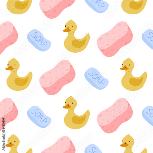 Cute rubber ducks and sponges pattern on a white background for childrens decor