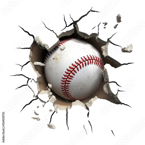 A baseball breaking through a wall with a crack in it.