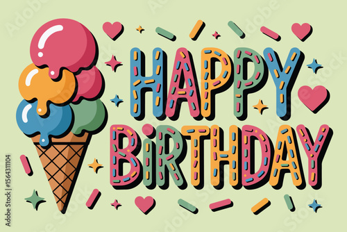 Happy birthday greeting with a colorful ice cream cone. Perfect for birthday cards, party invitations, or social media posts.
