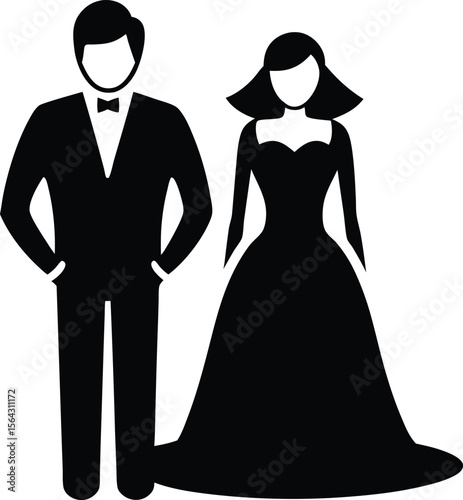the bride and groom are standing side by side, black and white silhouettes