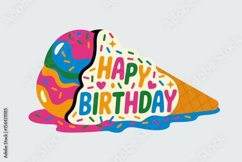 Melted ice cream cone with happy birthday text, suitable for social media posts, birthday cards, party invitations, and event decorations.