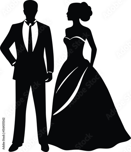 the bride and groom are standing side by side, black and white silhouettes
