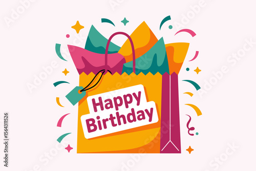 Happy birthday gift bag with confetti suitable for birthday invitations and greeting cards design. Festive, colorful, celebratory, joyful concept.