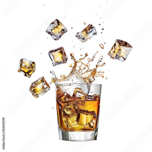 A glass of whiskey with ice cubes splashing out.