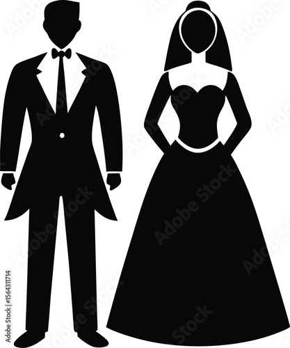 the bride and groom are standing side by side, black and white silhouettes