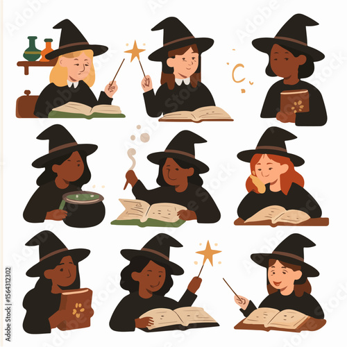 Witches studying magic books and potions