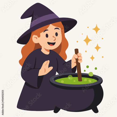 Young witch stirring potion in cauldron, magical scene