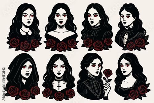 Gothic portraits with roses, dark aesthetic, female faces