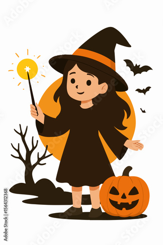 Little witch with pumpkin and magic wand halloween concept