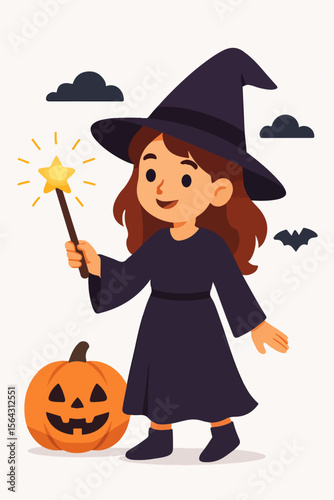 Little witch with pumpkin and magic wand halloween concept
