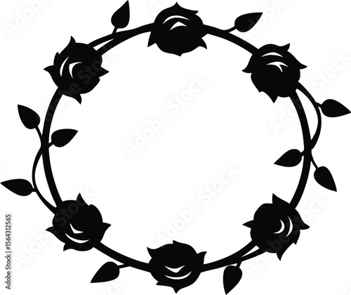 Circular rose garland with roses and thorns vector silhouette illustration