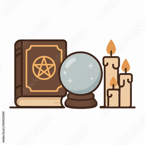 Witchcraft tools: book, crystal ball, candles
