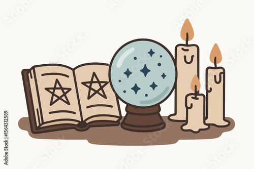 Mystic objects: crystal ball, book, candles, stars