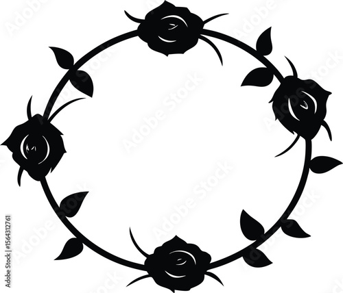 Circular rose garland with roses and thorns vector silhouette illustration