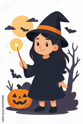 Little witch casting spell with pumpkin and bats Halloween