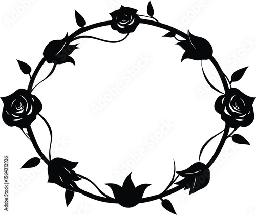 Circular rose garland with roses and thorns vector silhouette illustration