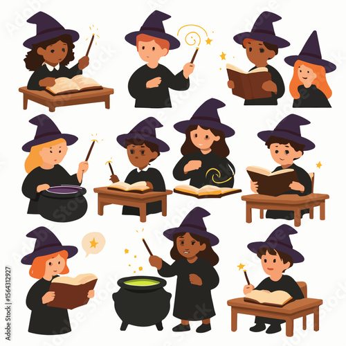 Young wizards studying magic spells and potions