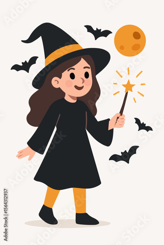 Little witch casting spell with moon and bats Halloween