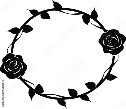 Circular rose garland with roses and thorns vector silhouette illustration