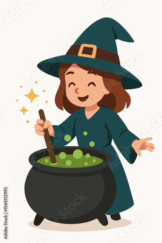 Little witch stirring potion in cauldron, magic spell