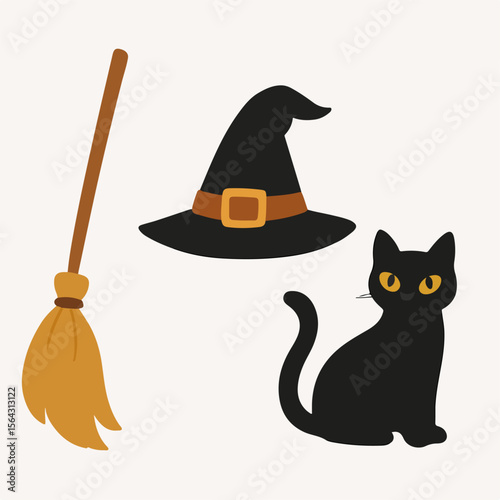 Halloween elements: broom, witch hat, black cat