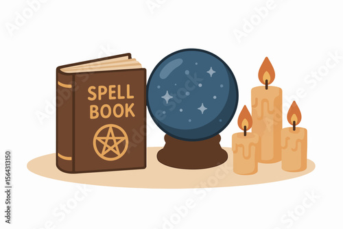 Spellbook, crystal ball, candles for witchcraft and magic