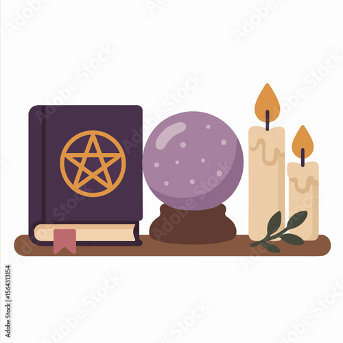 Witchcraft tools: book, crystal ball, candles